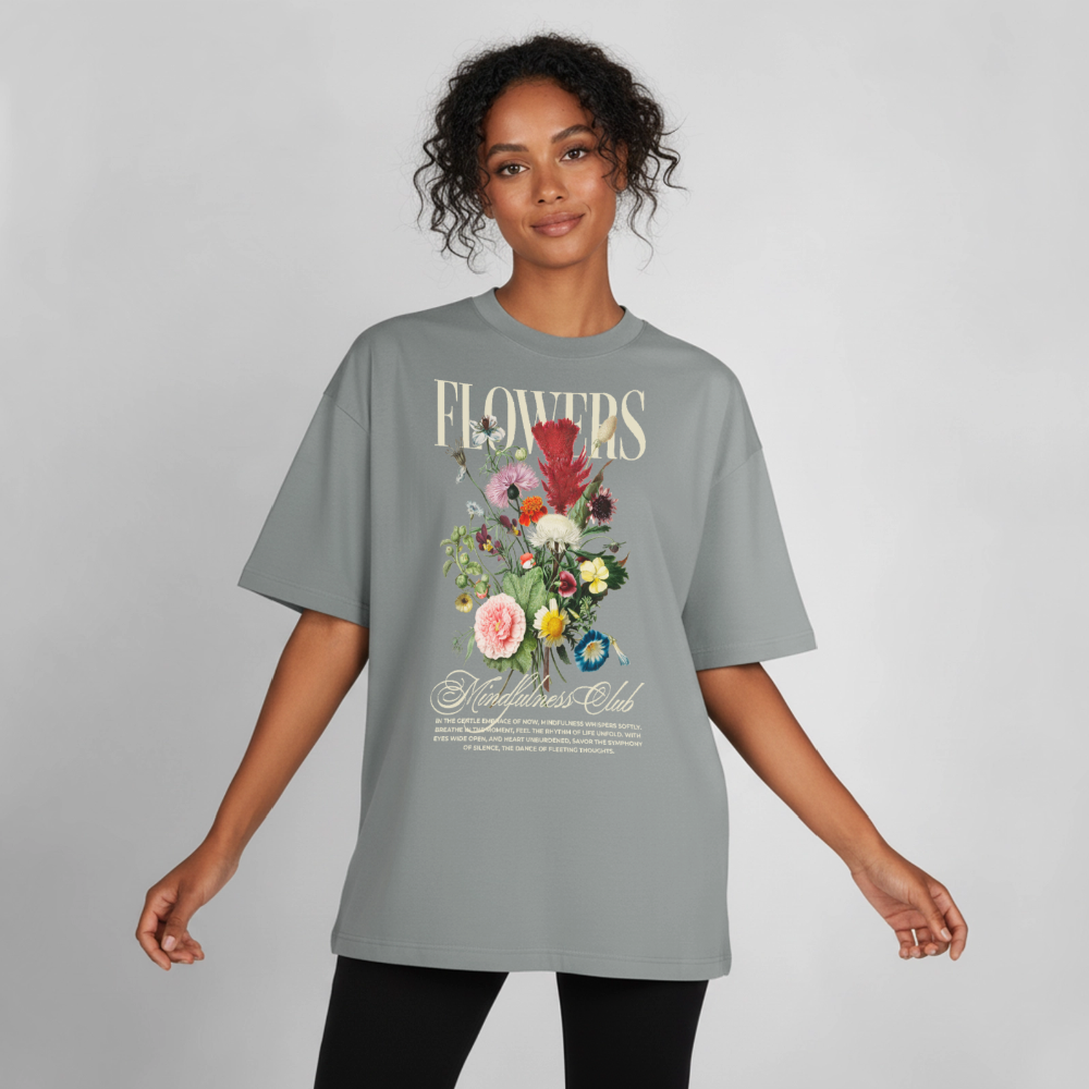 Flowers Design Boxy T-Shirt - Nebelgrau