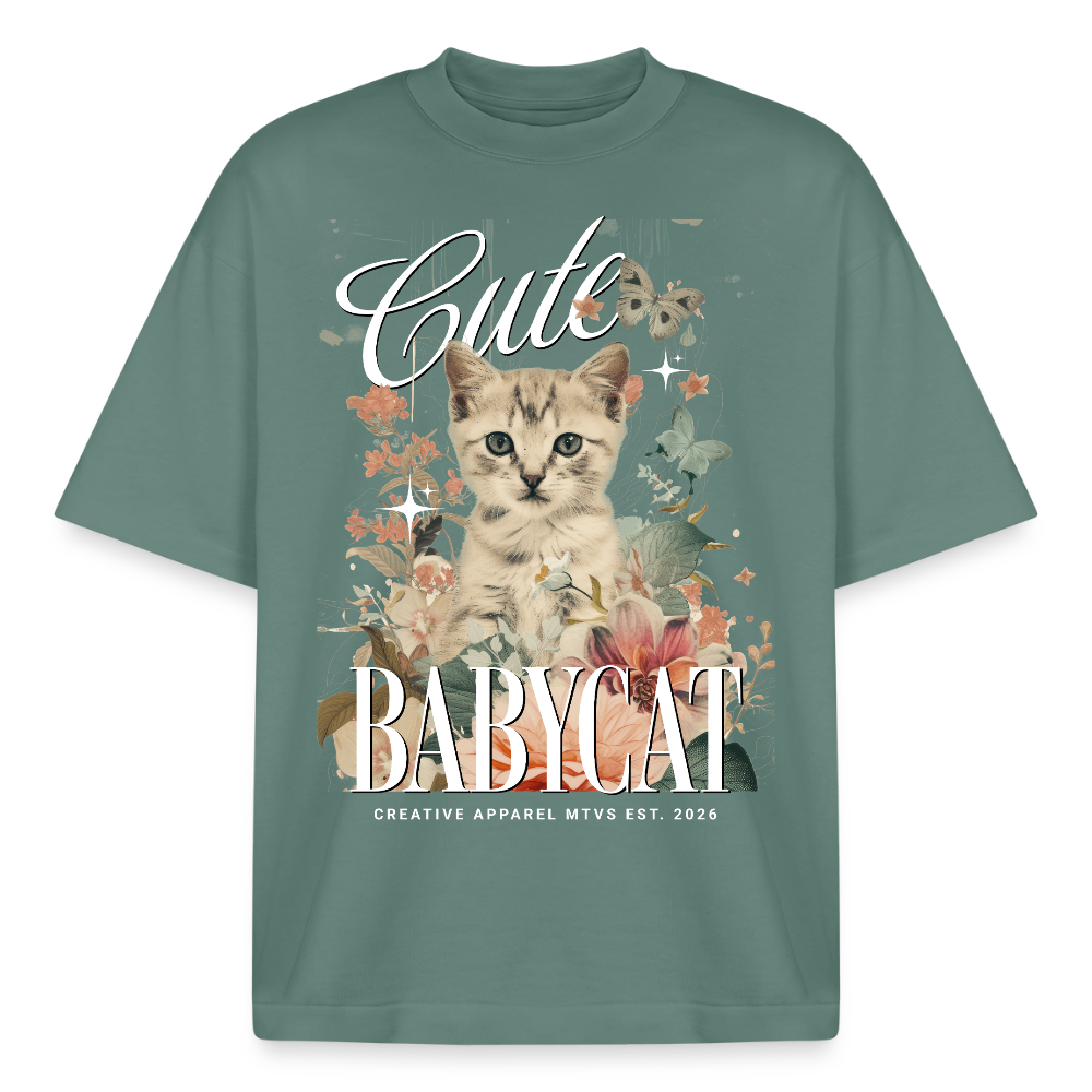 Boxy Oversized T-Shirt mit Katzenmotiv - Grüner Bucht