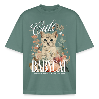 Boxy Oversized T-Shirt mit Katzenmotiv - Grüner Bucht