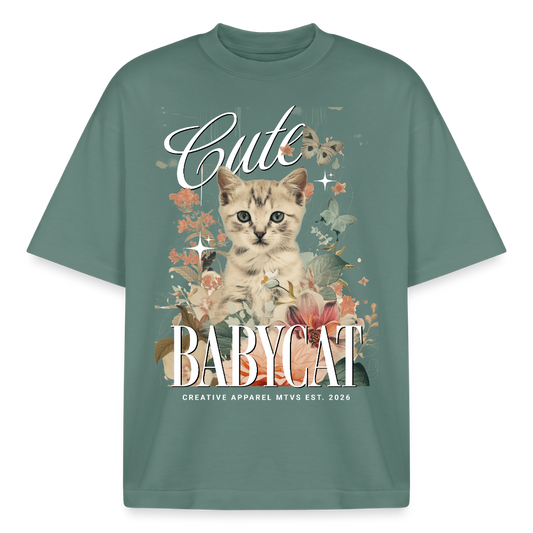 Boxy Oversized T-Shirt mit Katzenmotiv - Grüner Bucht