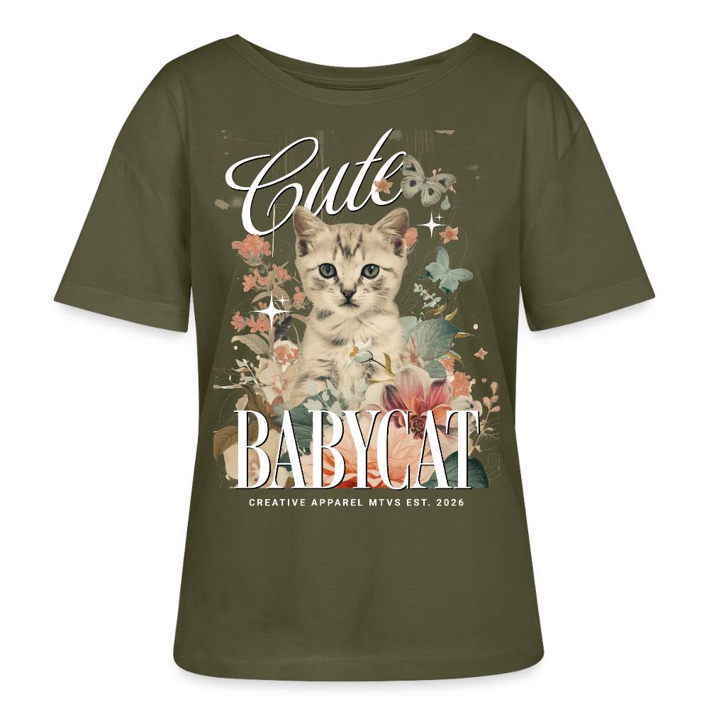 Rundhals Frauen Bio-T-Shirt mit Katzenmotiv - Khaki