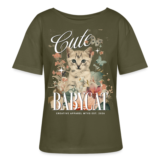 Rundhals Frauen Bio-T-Shirt mit Katzenmotiv - Khaki