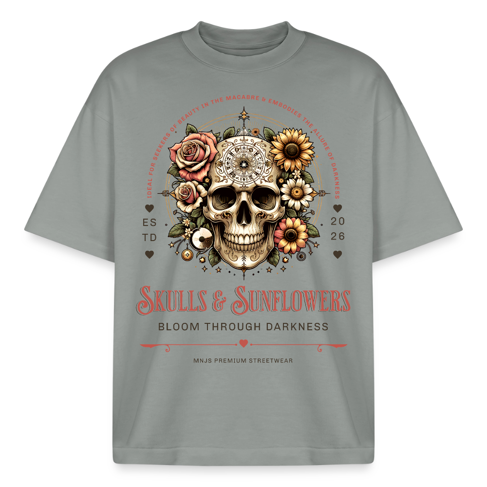 Skull & Sunflowers Design T-Shirt - Nebelgrau