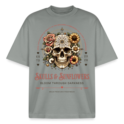 Skull & Sunflowers Design T-Shirt - Nebelgrau
