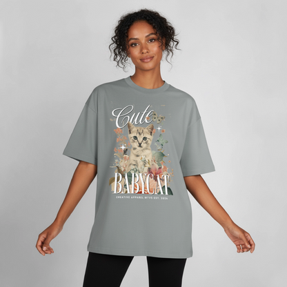 Boxy Oversized T-Shirt mit Katzenmotiv - Nebelgrau