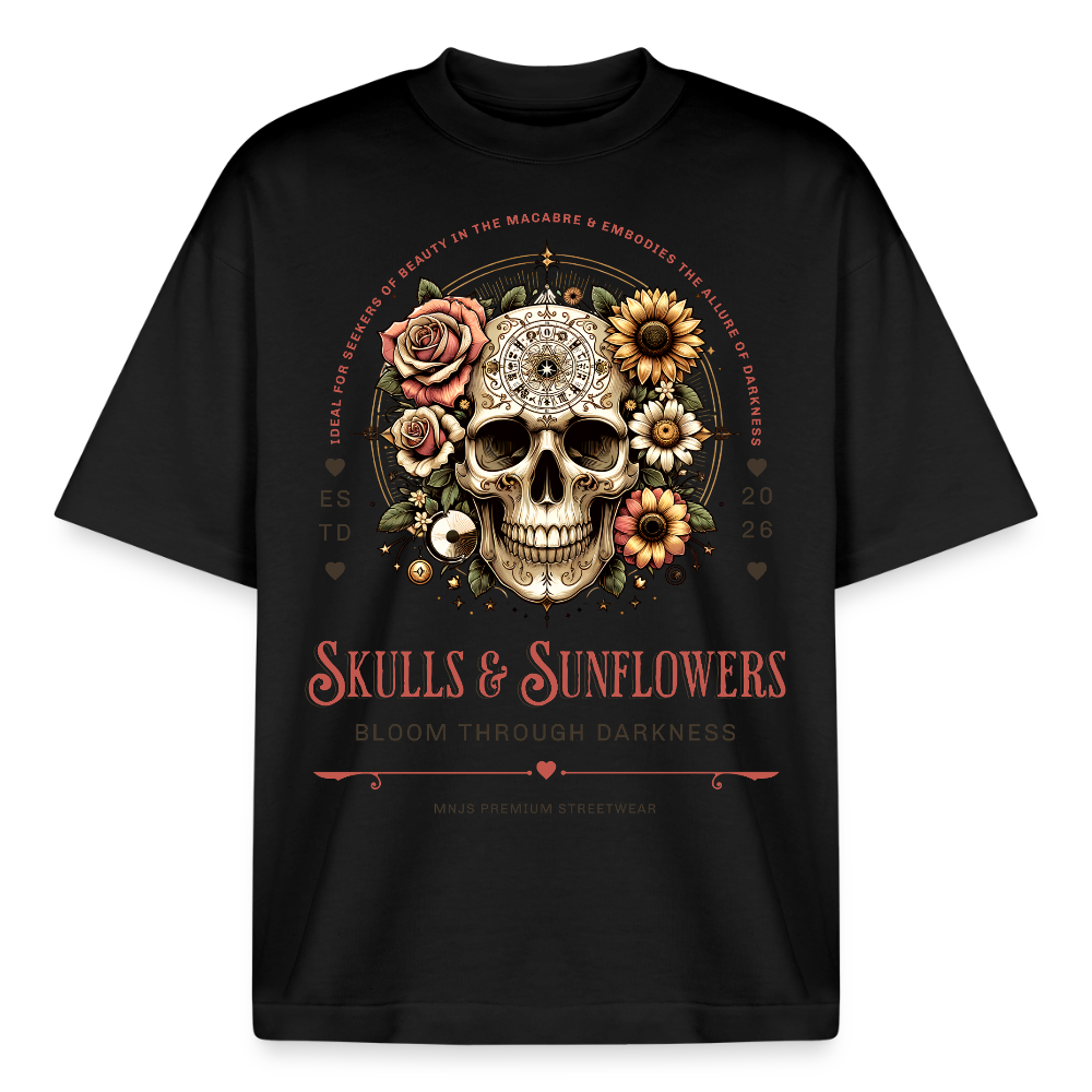 Skull & Sunflowers Design T-Shirt - Schwarz