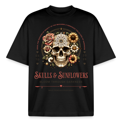 Skull & Sunflowers Design T-Shirt - Schwarz