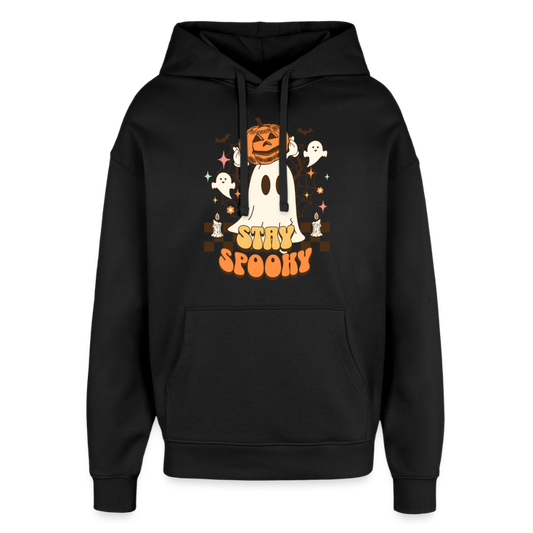 Schwarzer Hoodie mit Stay Spooky Halloween Motiv, Geist und Kürbis