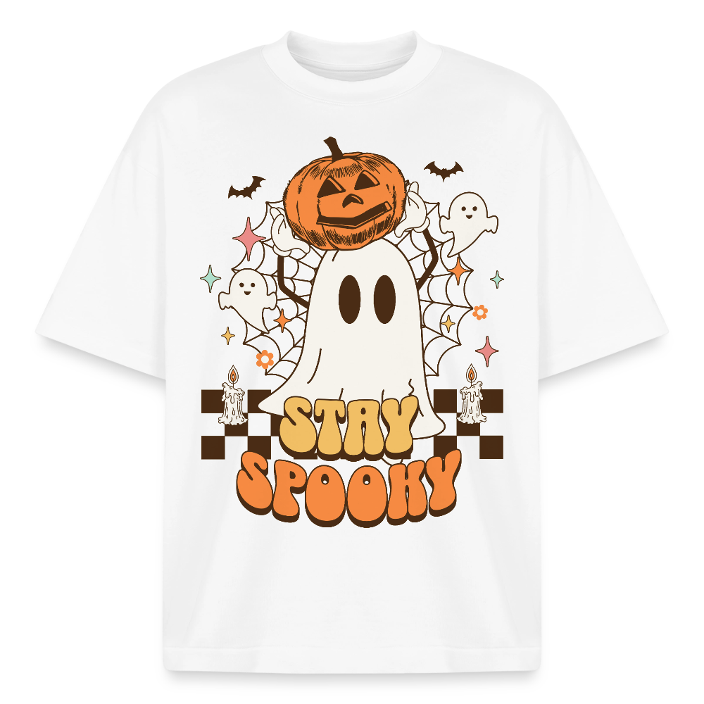 Weißes T-Shirt mit Stay Spooky Halloween Motiv, Geist und Kürbis