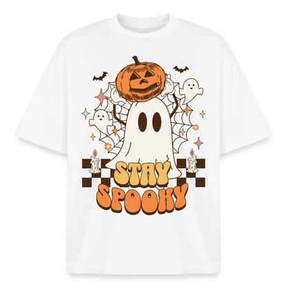 Weißes T-Shirt mit Stay Spooky Halloween Motiv, Geist und Kürbis