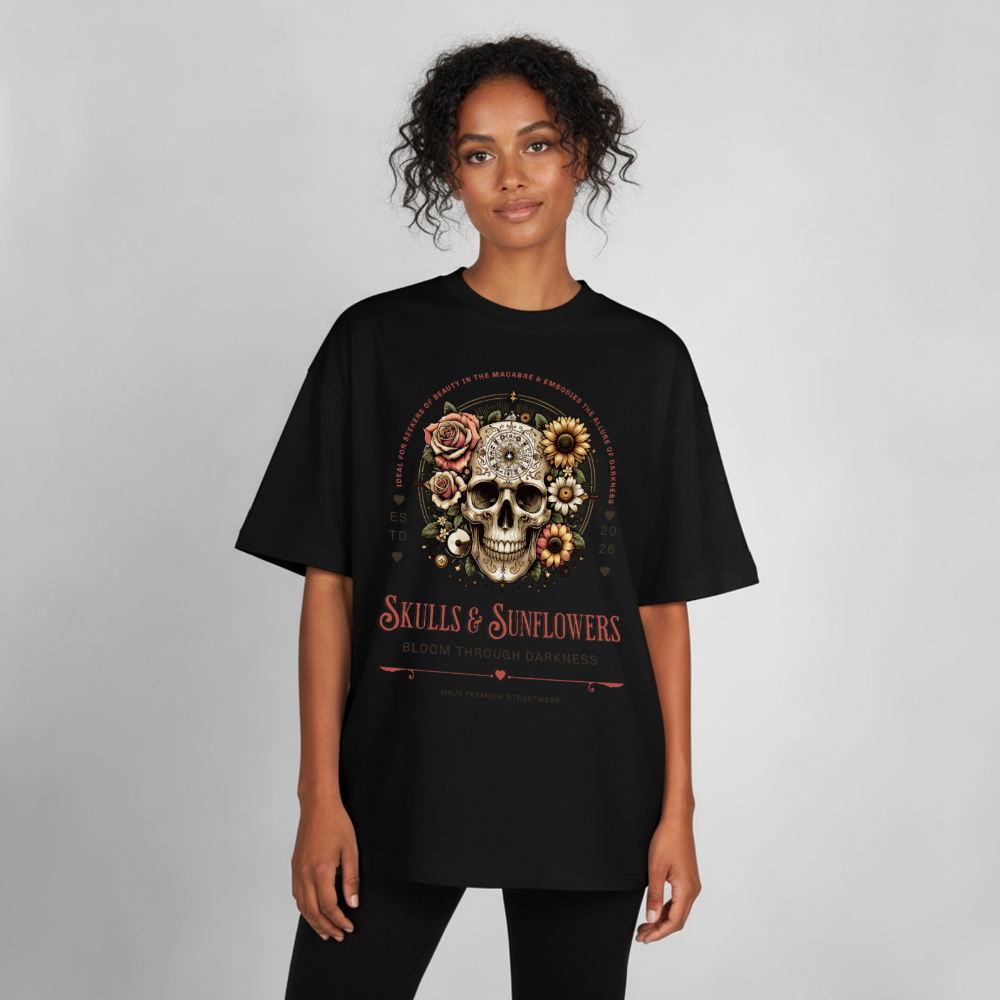 Skull & Sunflowers Design T-Shirt - Schwarz