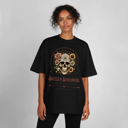 Skull & Sunflowers Design T-Shirt - Schwarz