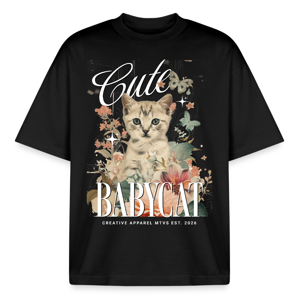 Boxy Oversized T-Shirt mit Katzenmotiv - Schwarz
