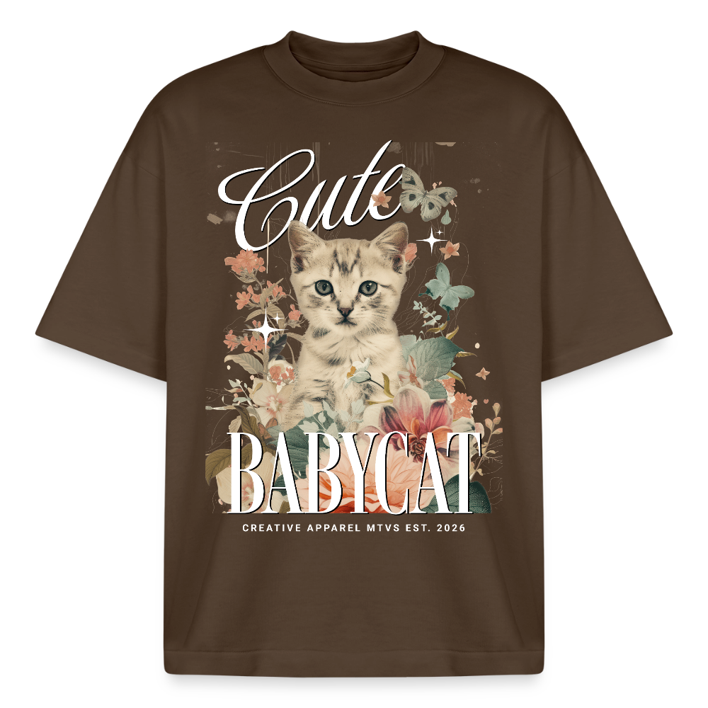 Boxy Oversized T-Shirt mit Katzenmotiv - Dunkelbraun
