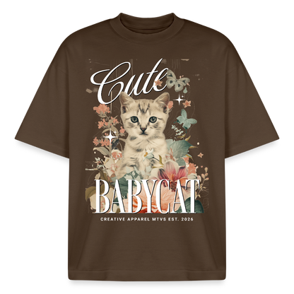 Boxy Oversized T-Shirt mit Katzenmotiv - Dunkelbraun