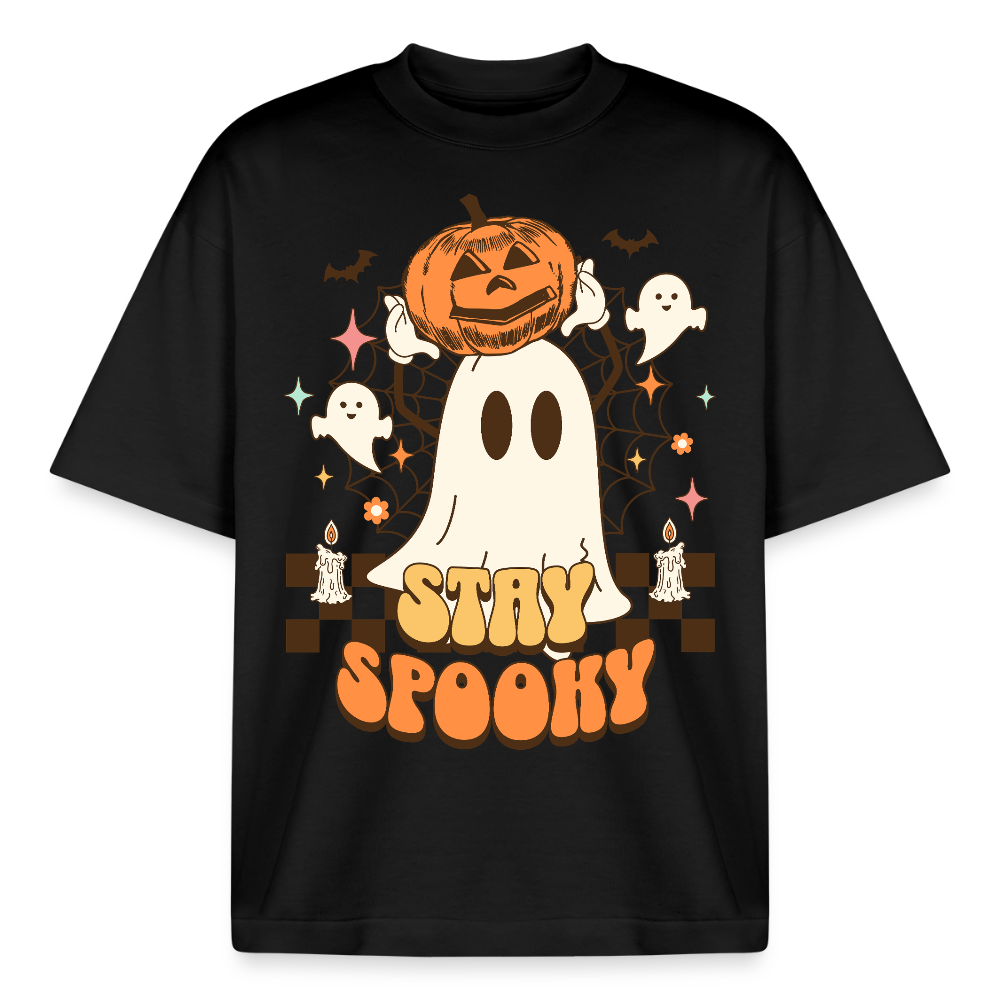 Schwarzes T-Shirt mit Stay Spooky Halloween Motiv, Geist und Kürbis