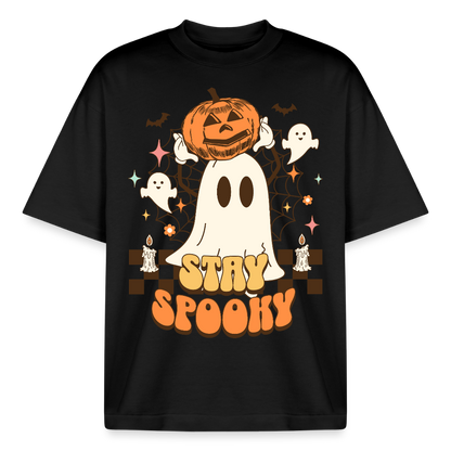 Schwarzes T-Shirt mit Stay Spooky Halloween Motiv, Geist und Kürbis