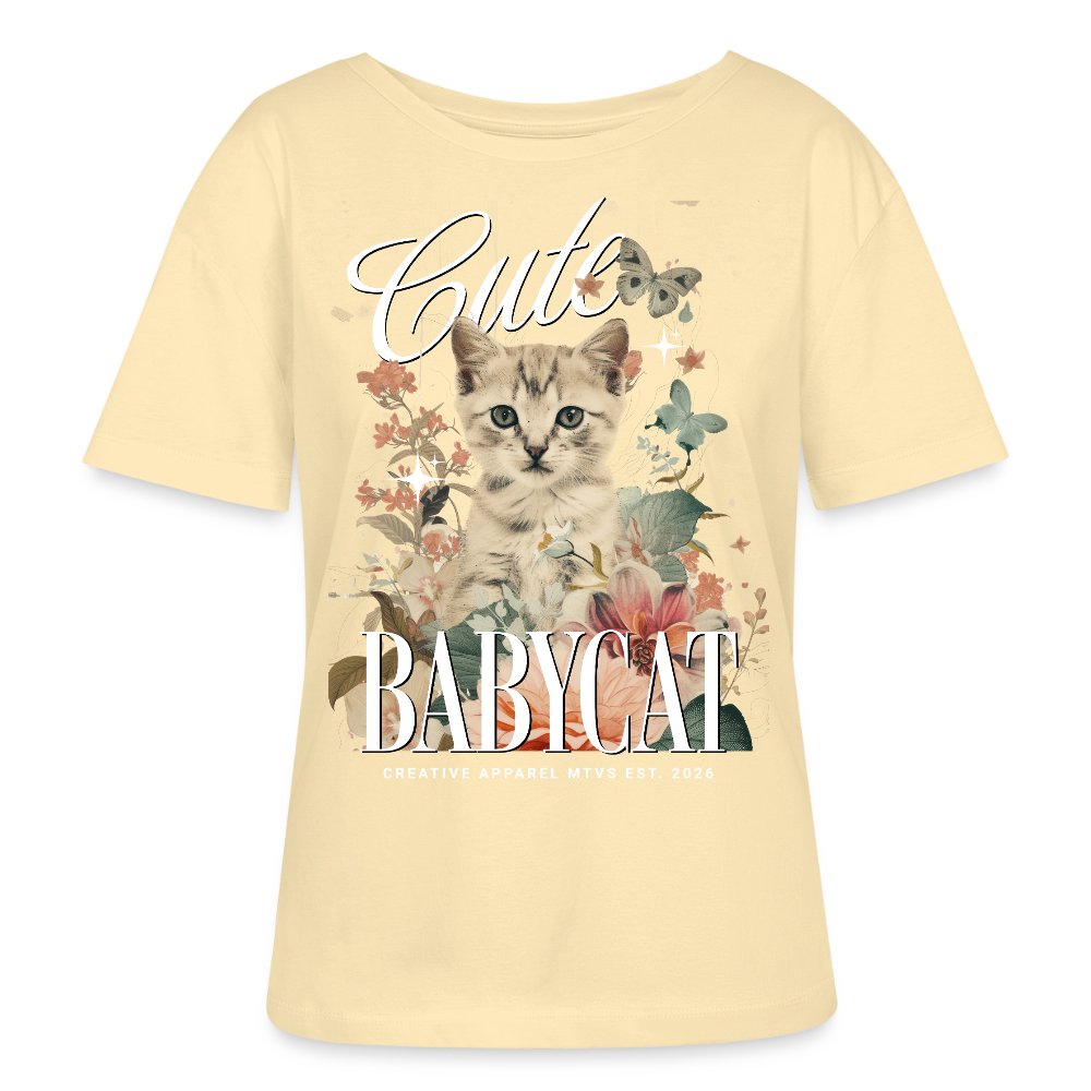 Rundhals Frauen Bio-T-Shirt mit Katzenmotiv - Creme