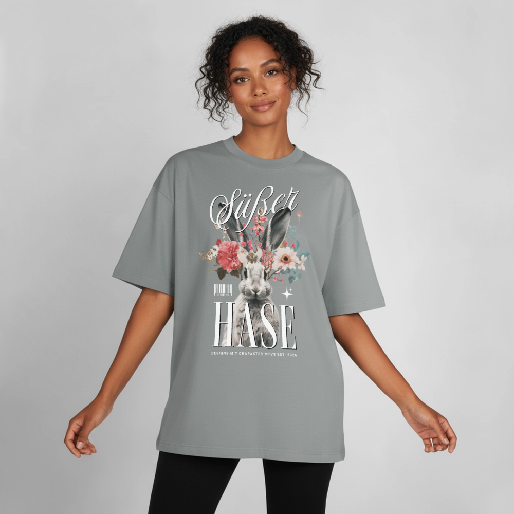 Boxy Unisex T-Shirt mit Hase Design - Nebelgrau