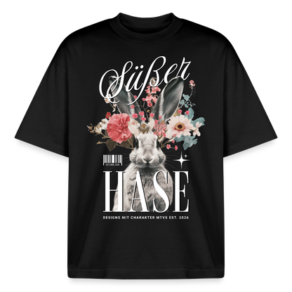 Boxy Unisex T-Shirt mit Hase Design - Schwarz