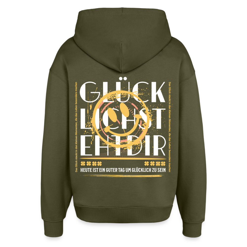 Oversized Unisex Hoodie mit Glückmotiv Backprint - Khaki