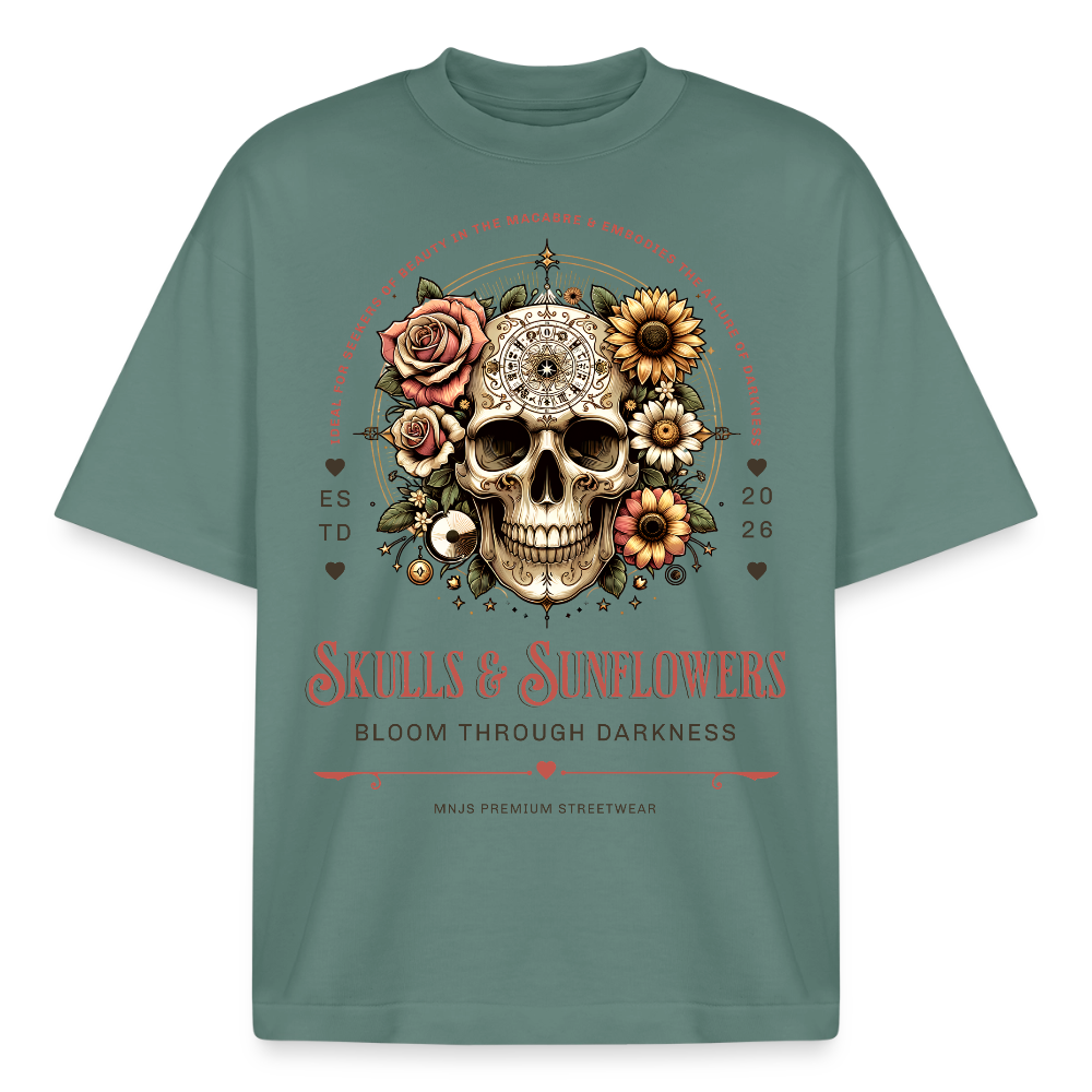 Skull & Sunflowers Design T-Shirt - Grüner Bucht