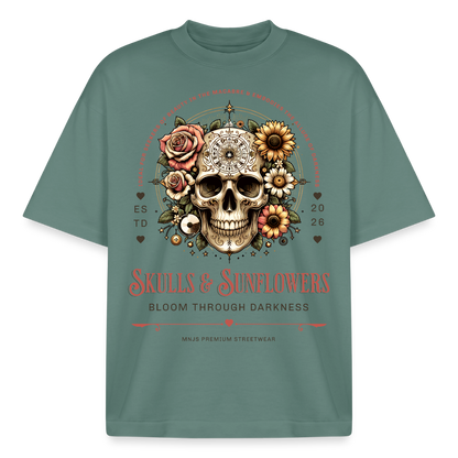 Skull & Sunflowers Design T-Shirt - Grüner Bucht