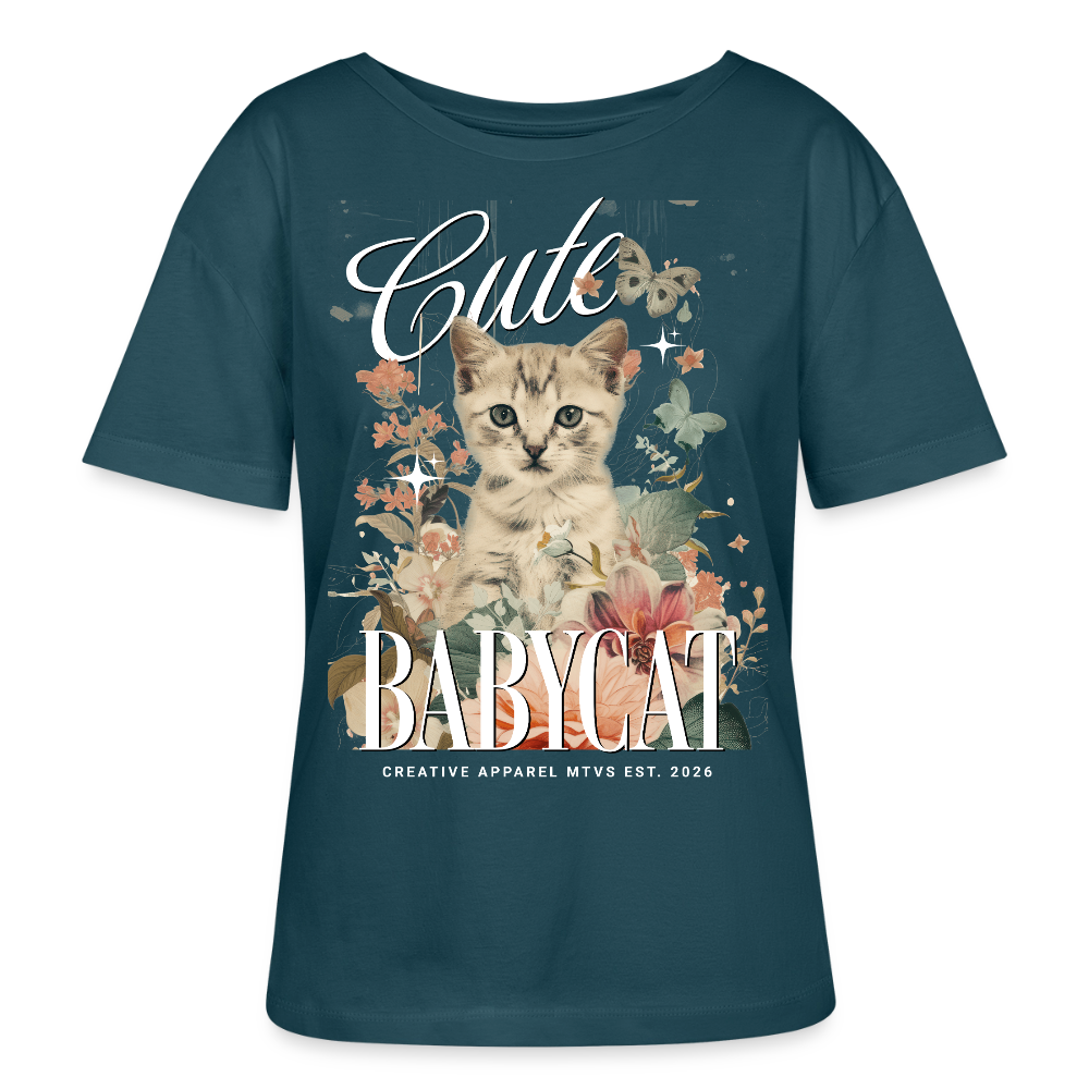 Rundhals Frauen Bio-T-Shirt mit Katzenmotiv - Dunkles Petrol