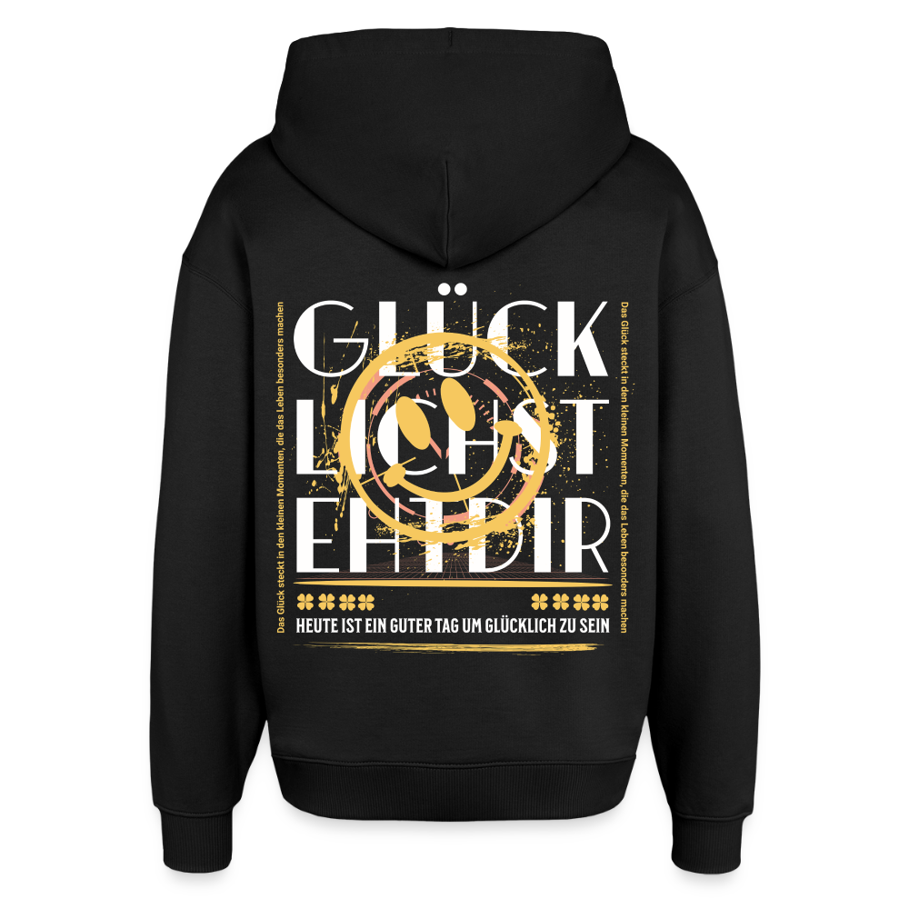 Oversized Unisex Hoodie mit Glückmotiv Backprint - Schwarz