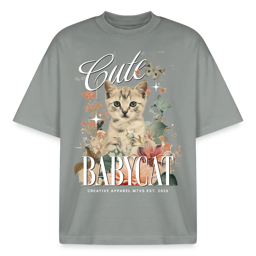 Boxy Oversized T-Shirt mit Katzenmotiv - Nebelgrau