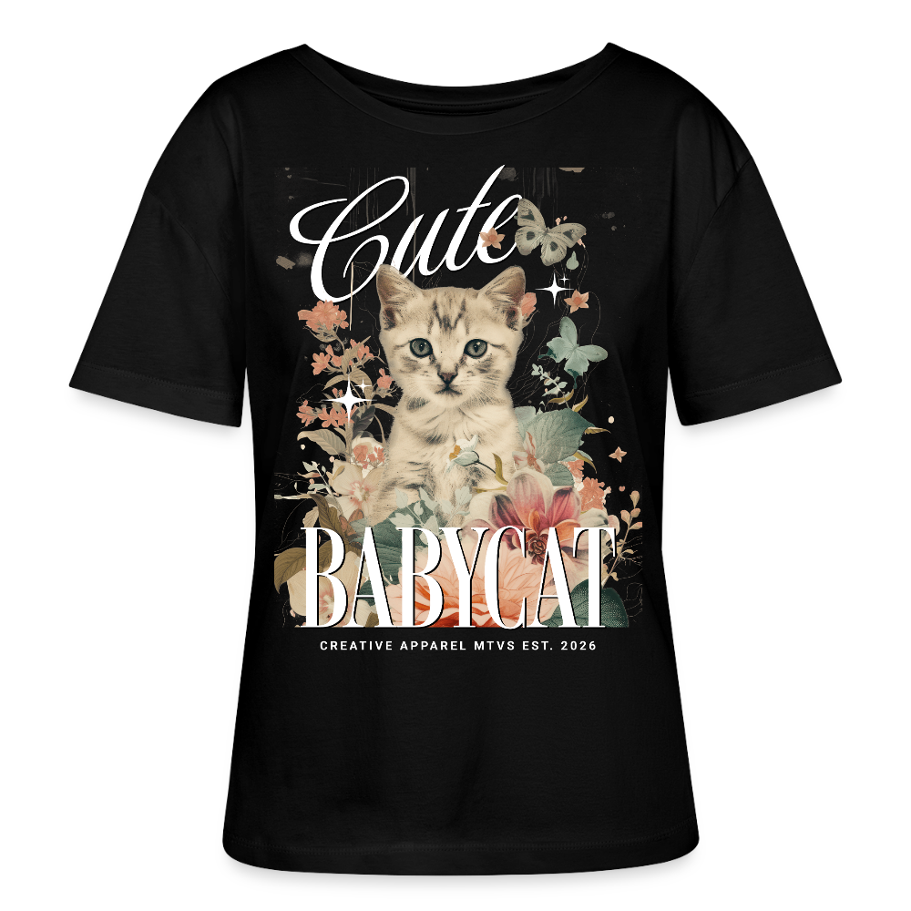 Rundhals Frauen Bio-T-Shirt mit Katzenmotiv - Schwarz