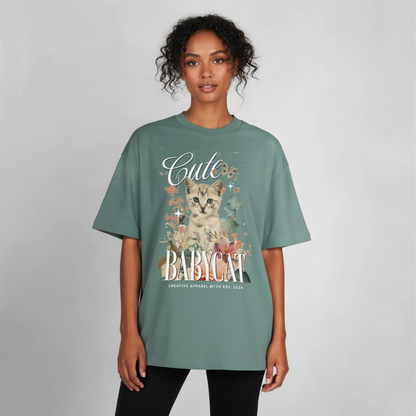 Boxy Oversized T-Shirt mit Katzenmotiv - Grüner Bucht