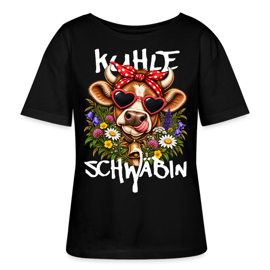 Rundhals Frauen T-Shirt mit Kuhlemotiv - Schwarz