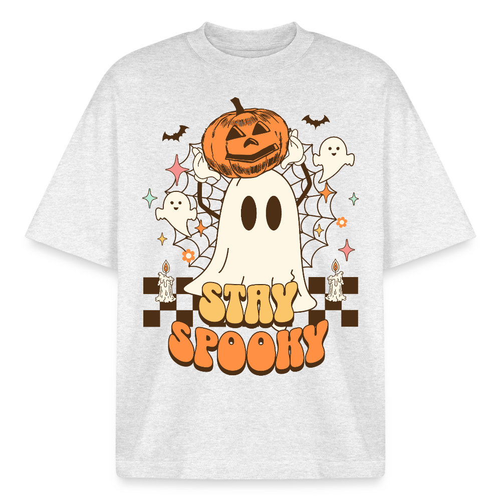 Grau meliertes T-Shirt mit Stay Spooky Halloween Motiv, Geist und Kürbis